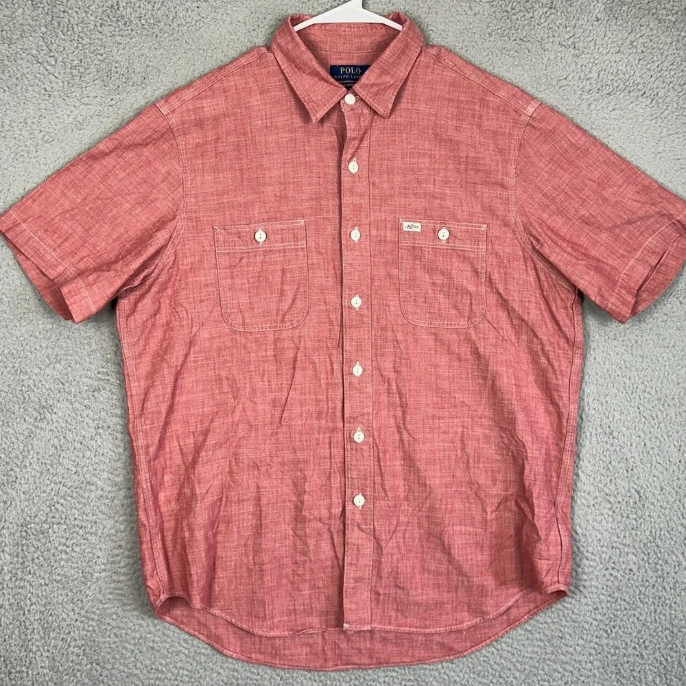 Polo Ralph Lauren Shirt Mens Large Red Classic Fit Buton Up Short Sleeve Pockets